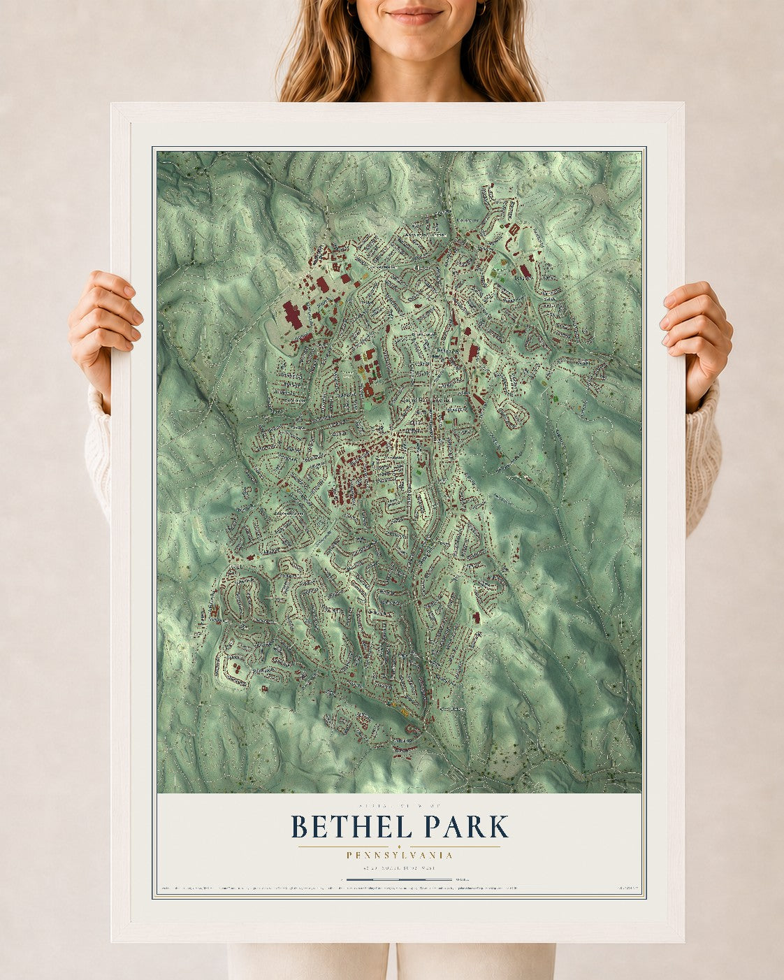 Map of Bethel Park, Pennsylvania, 24 x 36 inch print in a white wood frame