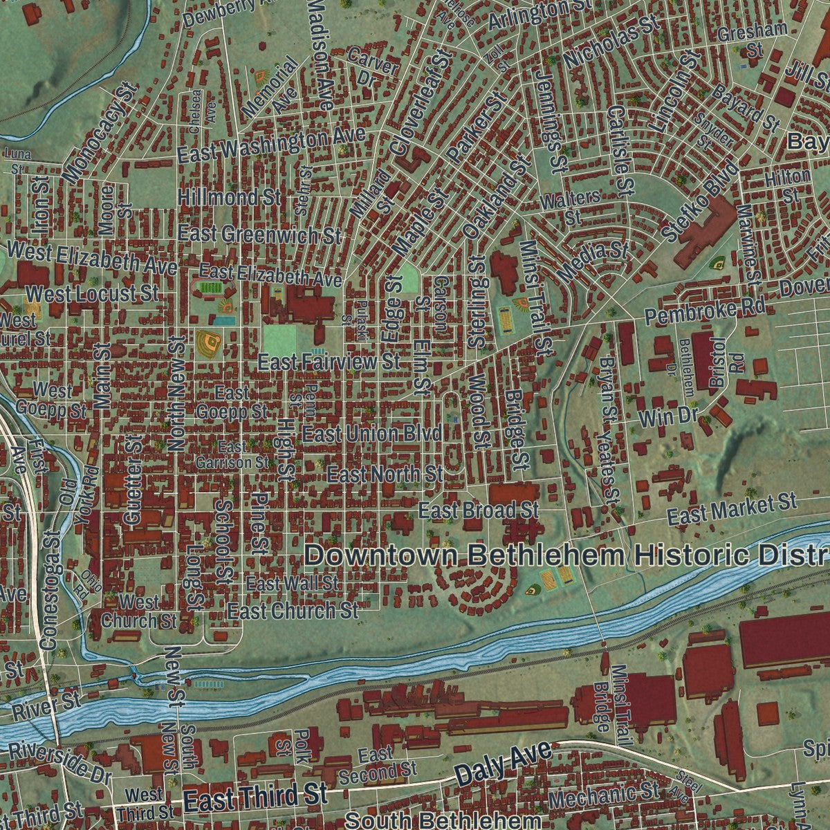 Close-up of the map of the City of Bethlehem, Northampton County, Pennsylvania print showing street and building detail