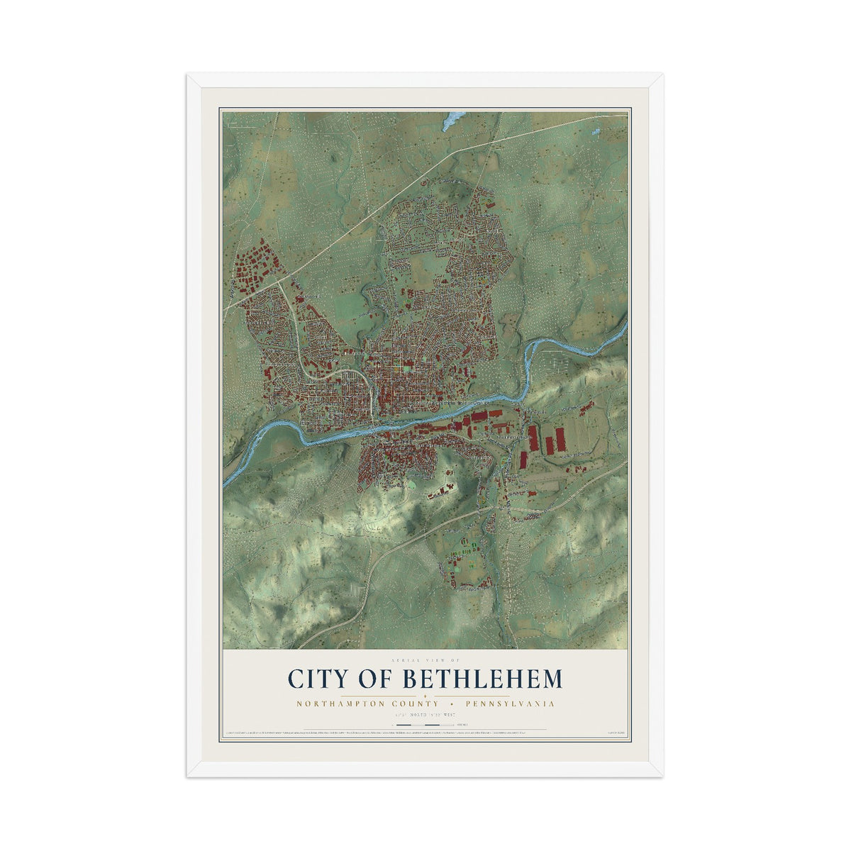Map of the City of Bethlehem, Northampton County, Pennsylvania, 12 x 18 inch print in a white wood frame