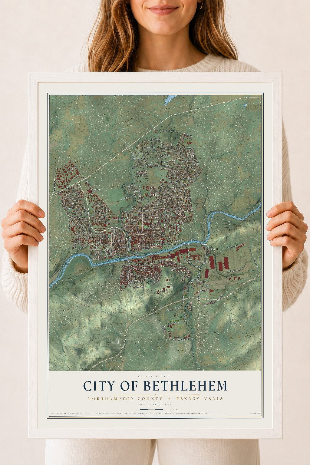 Map of the City of Bethlehem, Northampton County, Pennsylvania, 18 x 24 inch print in a white wood frame