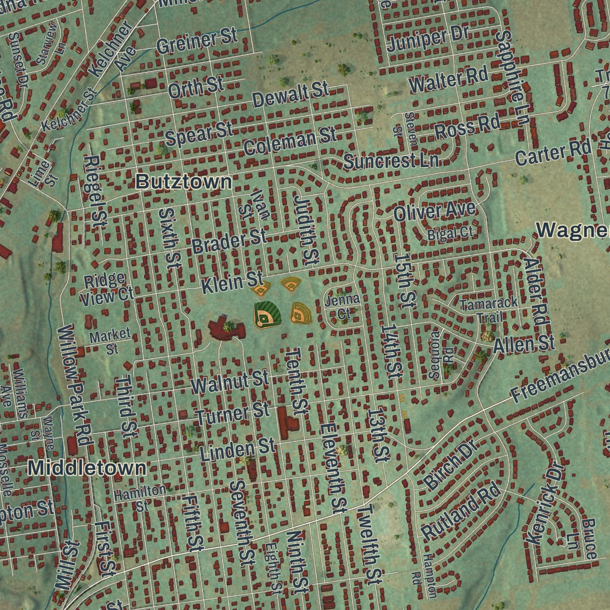 Close-up of the map of Bethlehem, Northampton County, Pennsylvania print showing street and building detail
