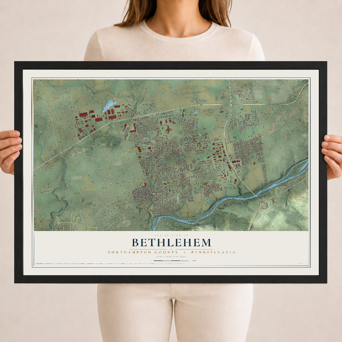 Map of Bethlehem, Northampton County, Pennsylvania, 18 x 24 inch print in a black wood frame