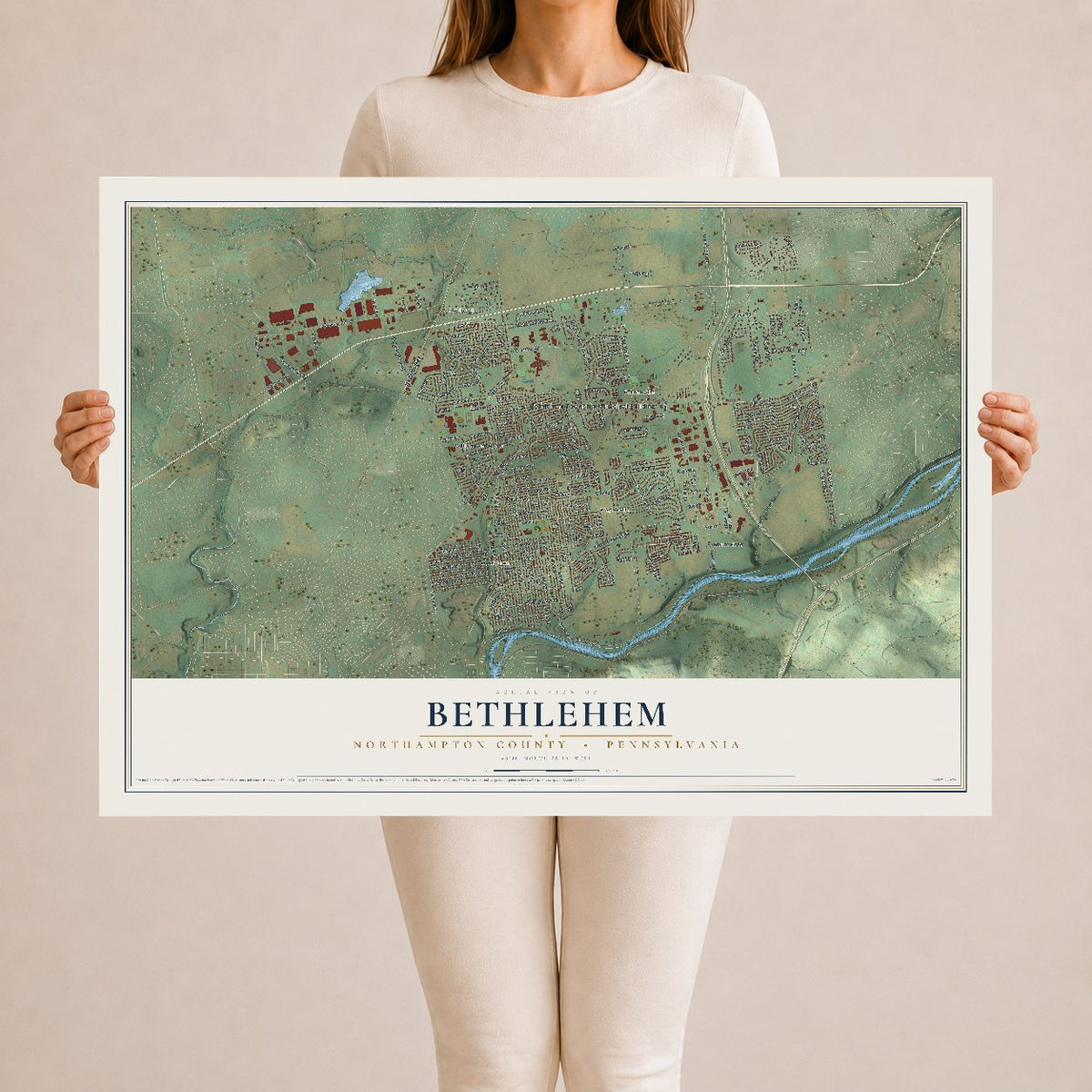Map of Bethlehem, Northampton County, Pennsylvania, 24 x 36 inch unframed archival matte print