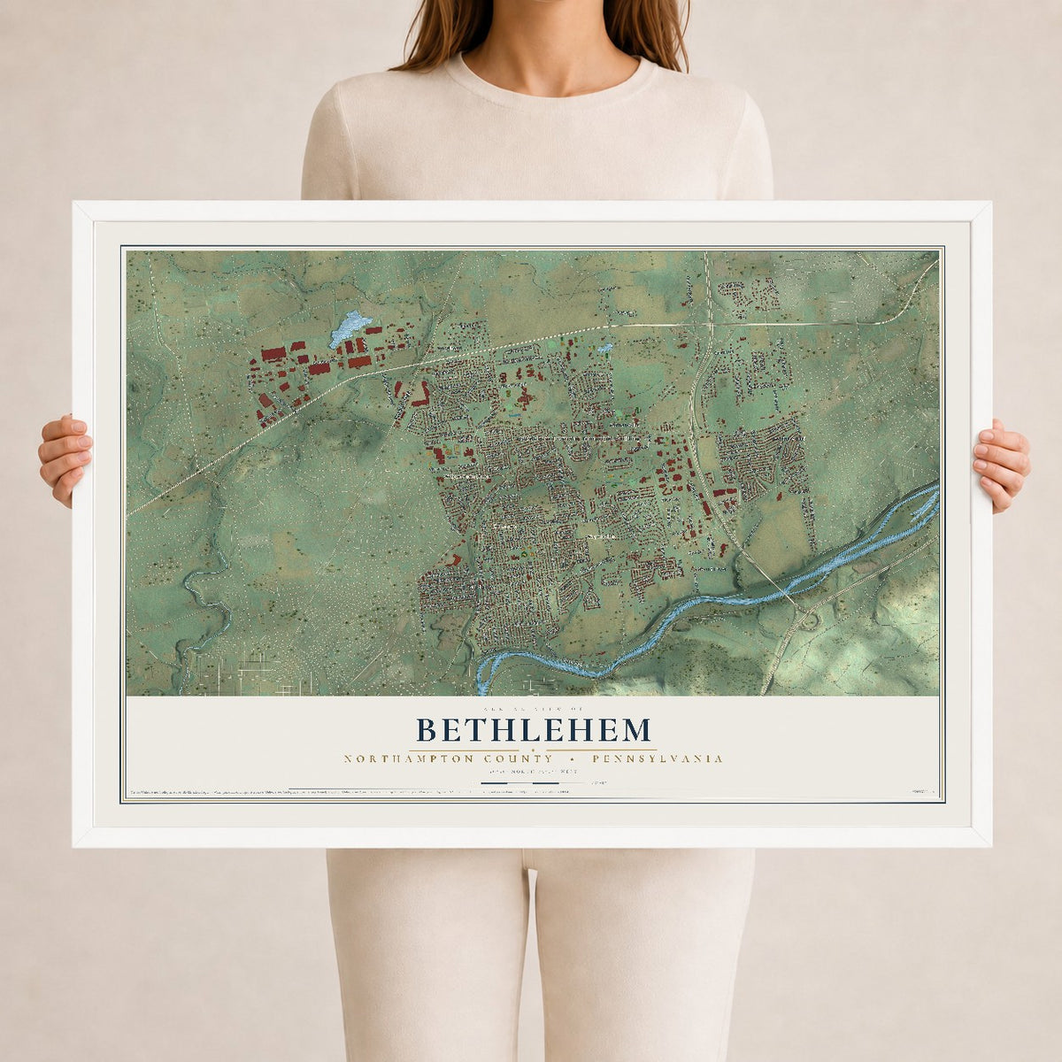 Map of Bethlehem, Northampton County, Pennsylvania, 24 x 36 inch print in a white wood frame