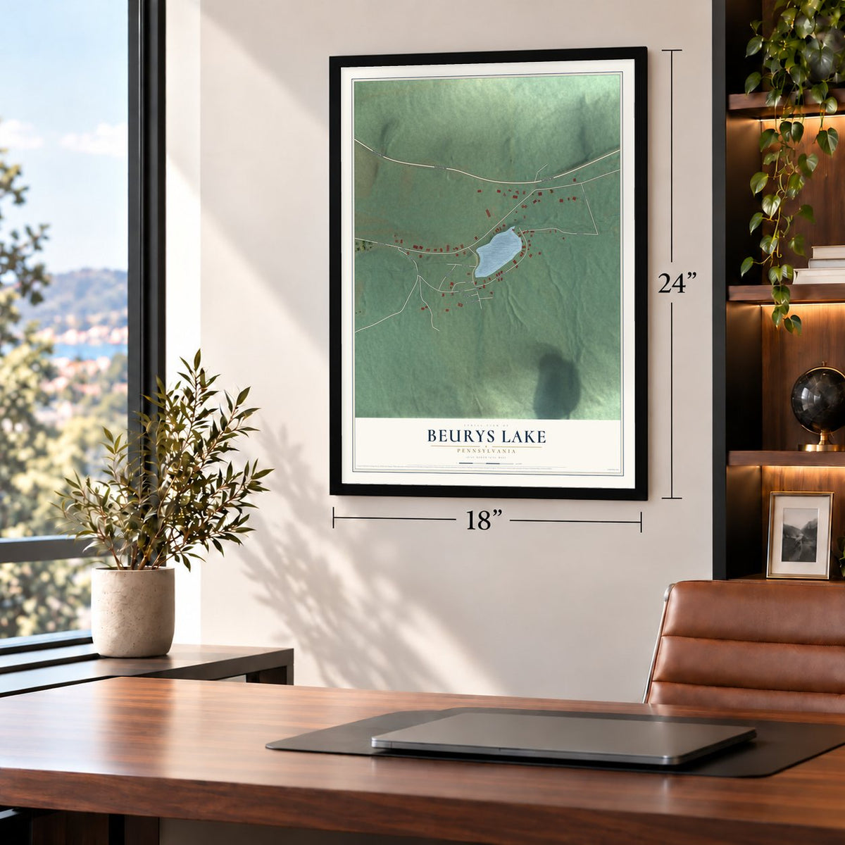 Beurys Lake, Pennsylvania map, 18 x 24 inch print in a black frame in a home office