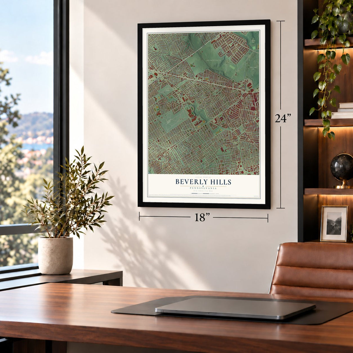 Beverly Hills, Pennsylvania map, 18 x 24 inch print in a black frame in a home office