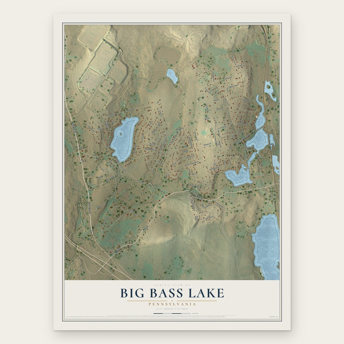 Big Bass Lake, Pennsylvania map print, the full design