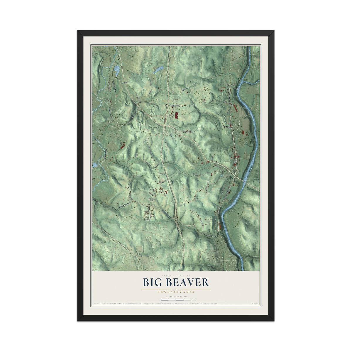 Map of Big Beaver, Pennsylvania, 12 x 18 inch print in a black wood frame