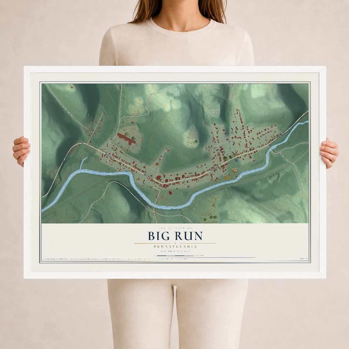 Map of Big Run, Pennsylvania, 24 x 36 inch print in a white wood frame
