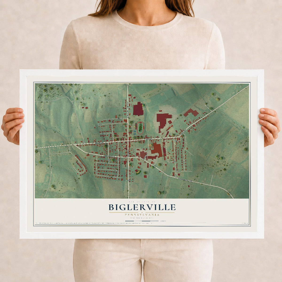 Map of Biglerville, Pennsylvania, 12 x 18 inch print in a white wood frame
