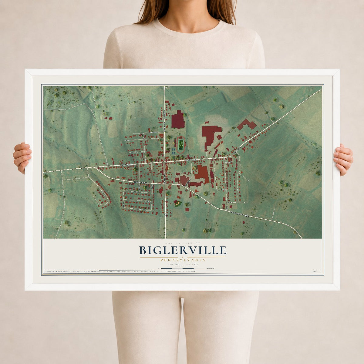 Map of Biglerville, Pennsylvania, 24 x 36 inch print in a white wood frame