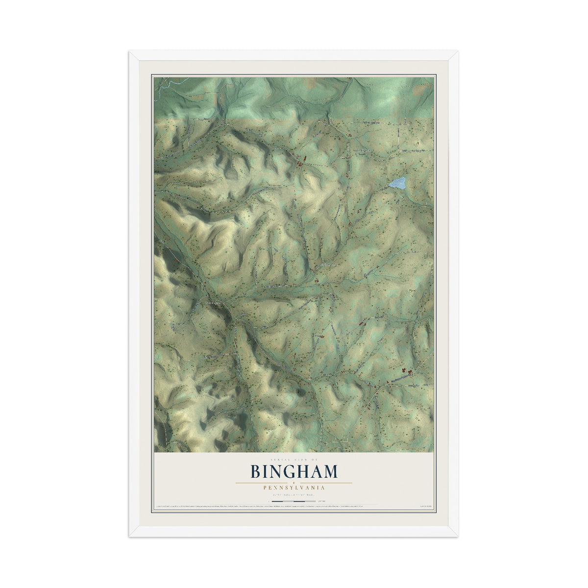 Map of Bingham, Pennsylvania, 12 x 18 inch print in a white wood frame