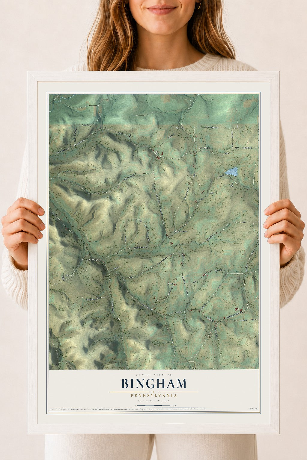 Map of Bingham, Pennsylvania, 18 x 24 inch print in a white wood frame