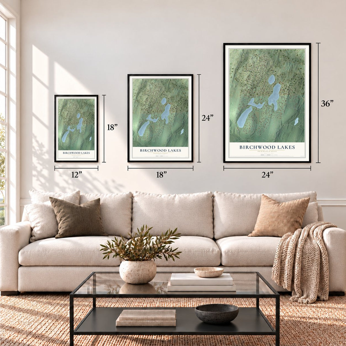 Birchwood Lakes, Pennsylvania map in 12 x 18, 18 x 24 and 24 x 36 inch sizes above a sofa