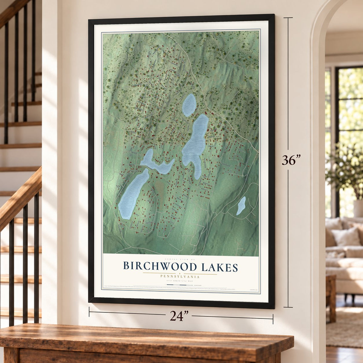 Birchwood Lakes, Pennsylvania map, 24 x 36 inch print in a black frame by a staircase