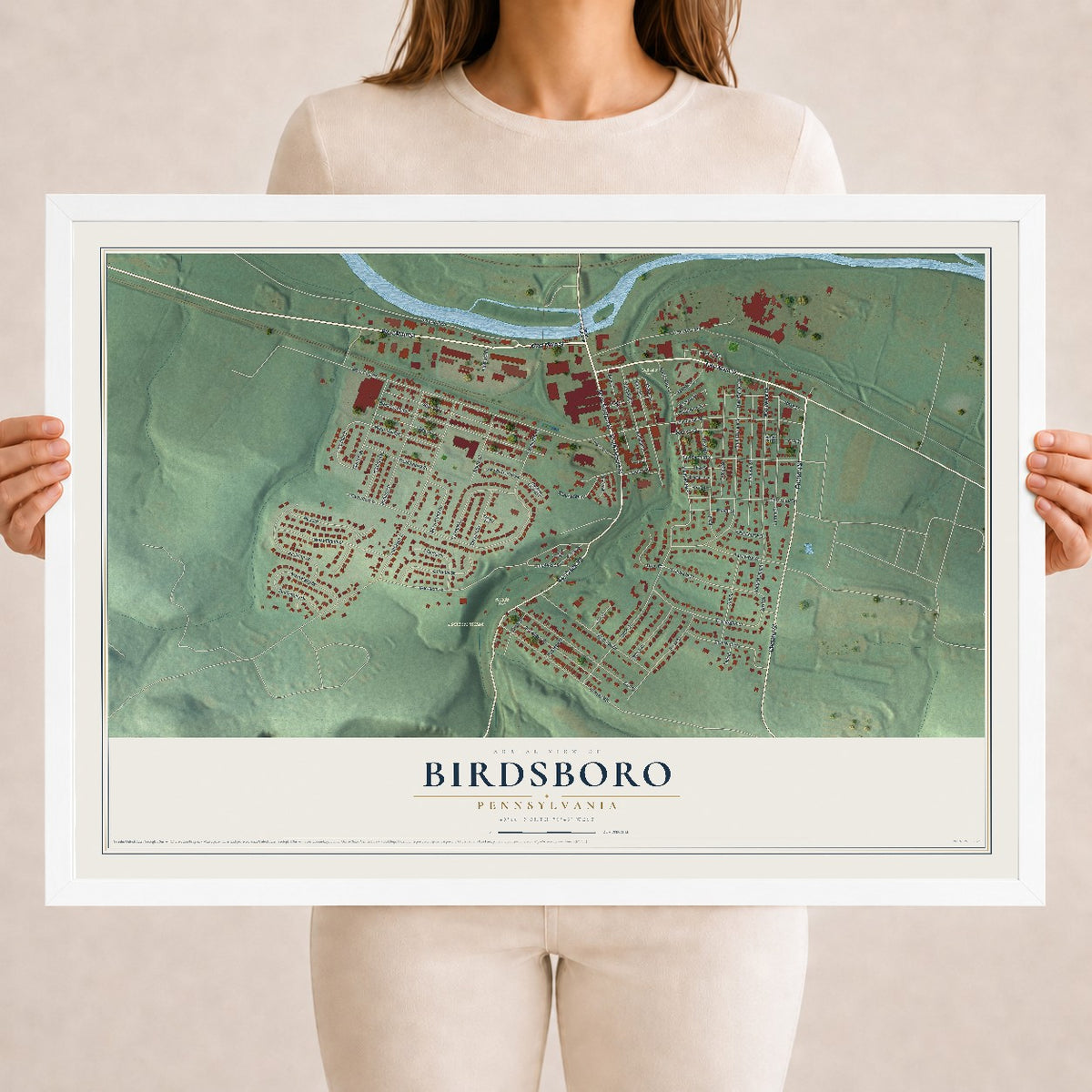 Map of Birdsboro, Pennsylvania, 18 x 24 inch print in a white wood frame