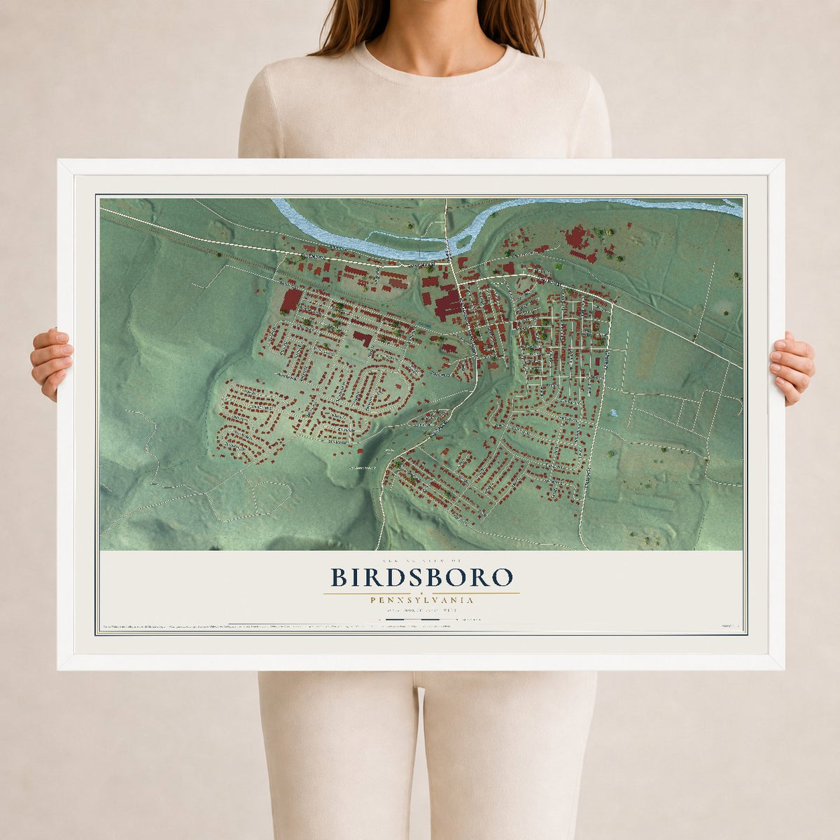 Map of Birdsboro, Pennsylvania, 24 x 36 inch print in a white wood frame