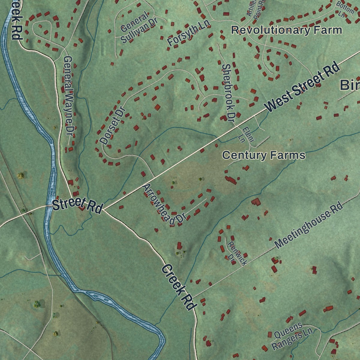 Second close-up of the map of Birmingham, Chester County, Pennsylvania print showing more streets and buildings