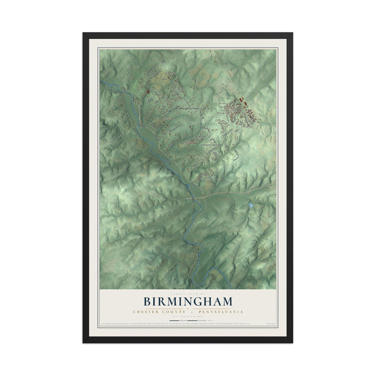 Map of Birmingham, Chester County, Pennsylvania, 12 x 18 inch print in a black wood frame