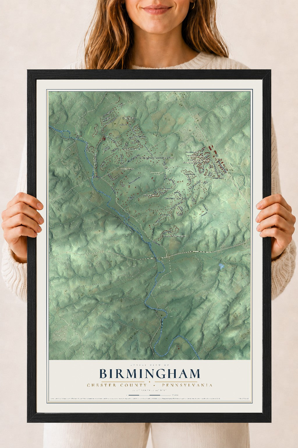 Map of Birmingham, Chester County, Pennsylvania, 18 x 24 inch print in a black wood frame