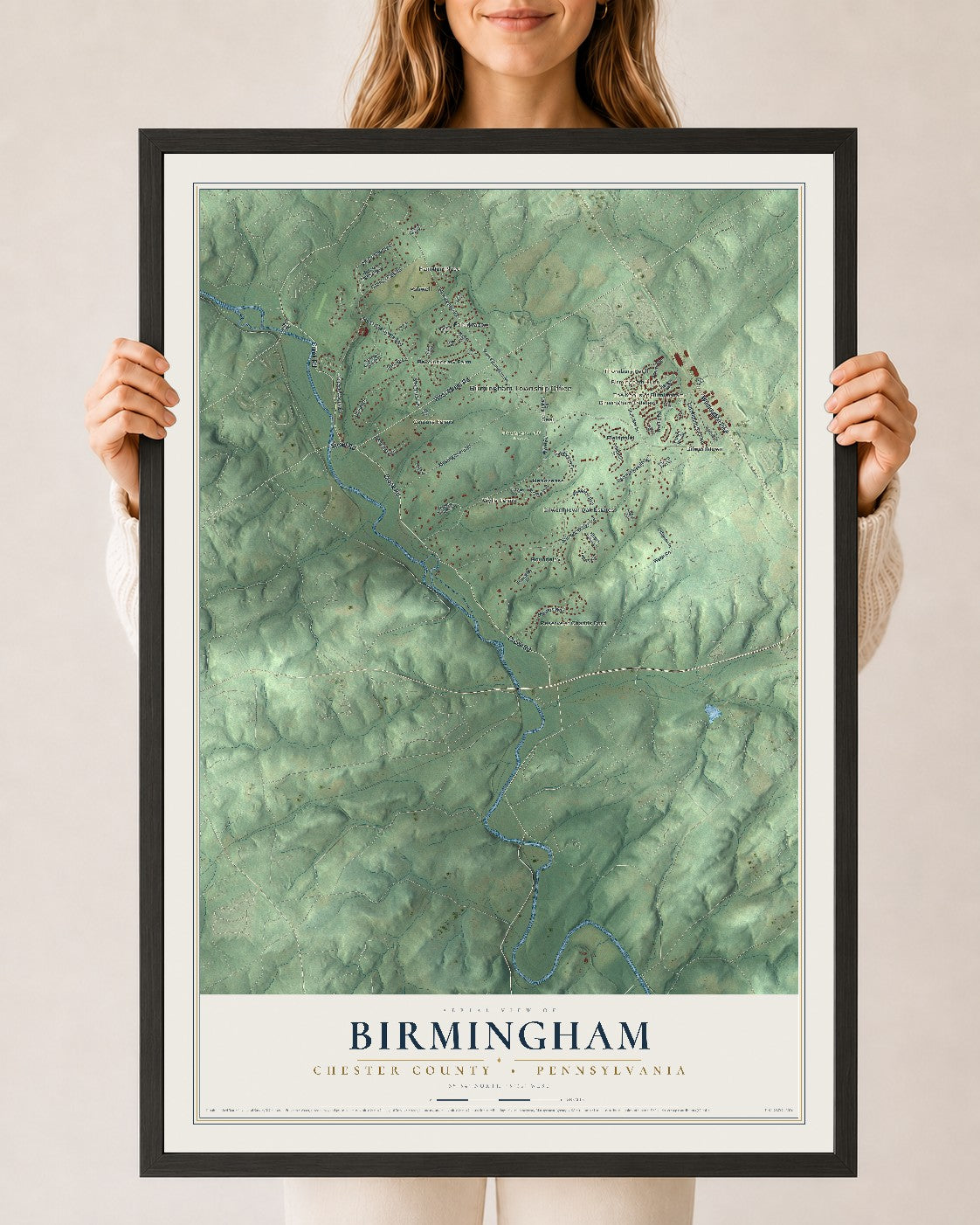 Map of Birmingham, Chester County, Pennsylvania, 24 x 36 inch print in a black wood frame