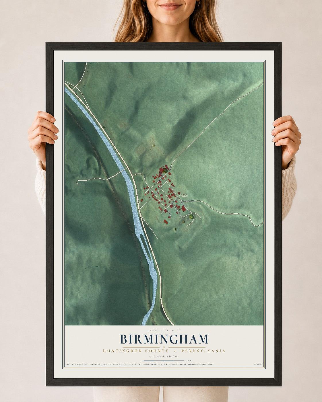 Map of Birmingham, Huntingdon County, Pennsylvania, 24 x 36 inch print in a black wood frame