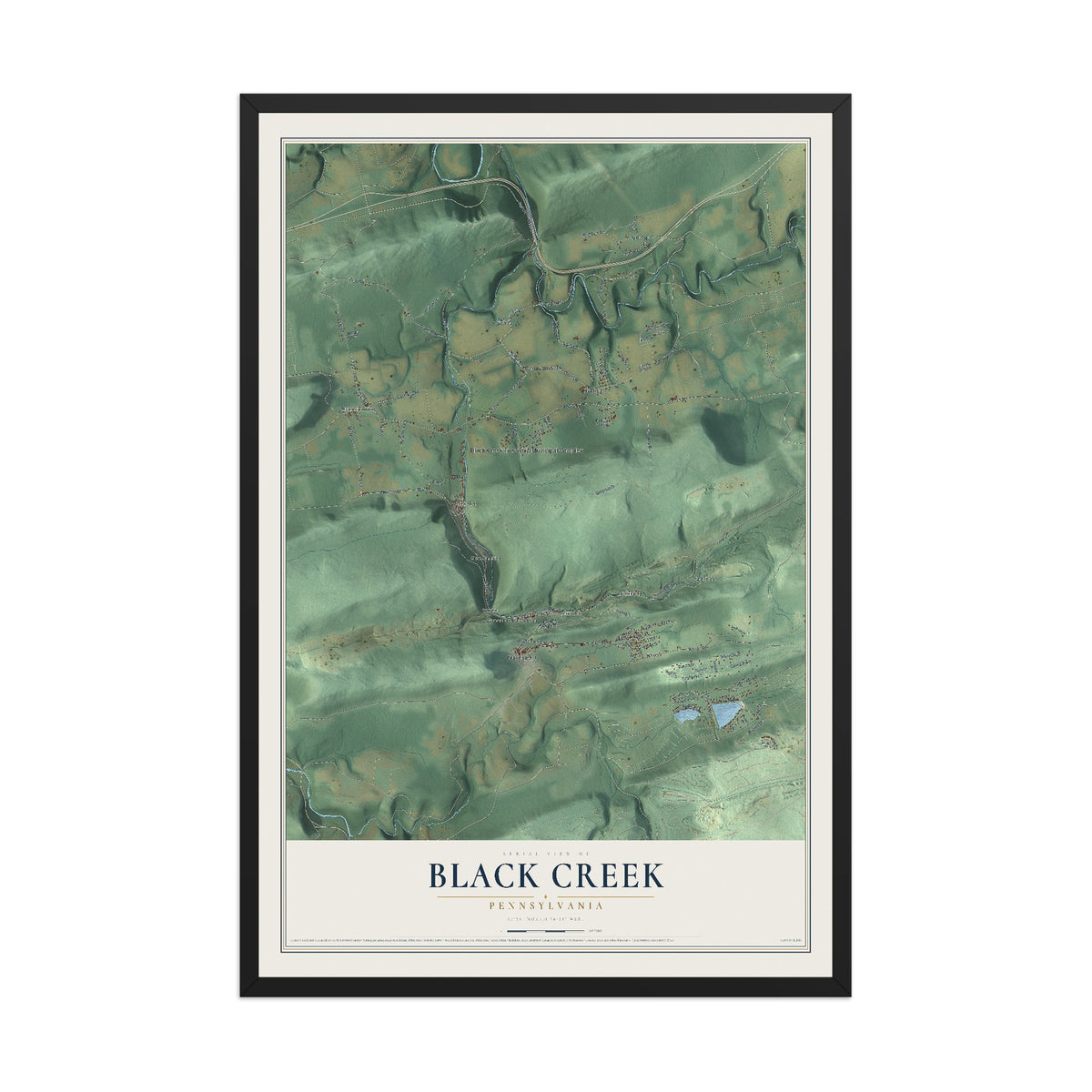 Map of Black Creek, Pennsylvania, 12 x 18 inch print in a black wood frame