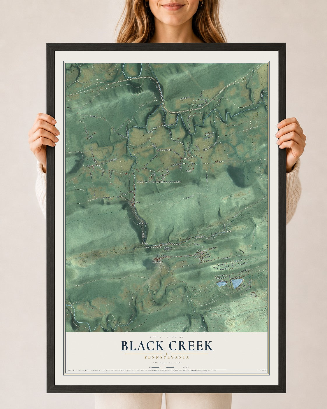 Map of Black Creek, Pennsylvania, 24 x 36 inch print in a black wood frame