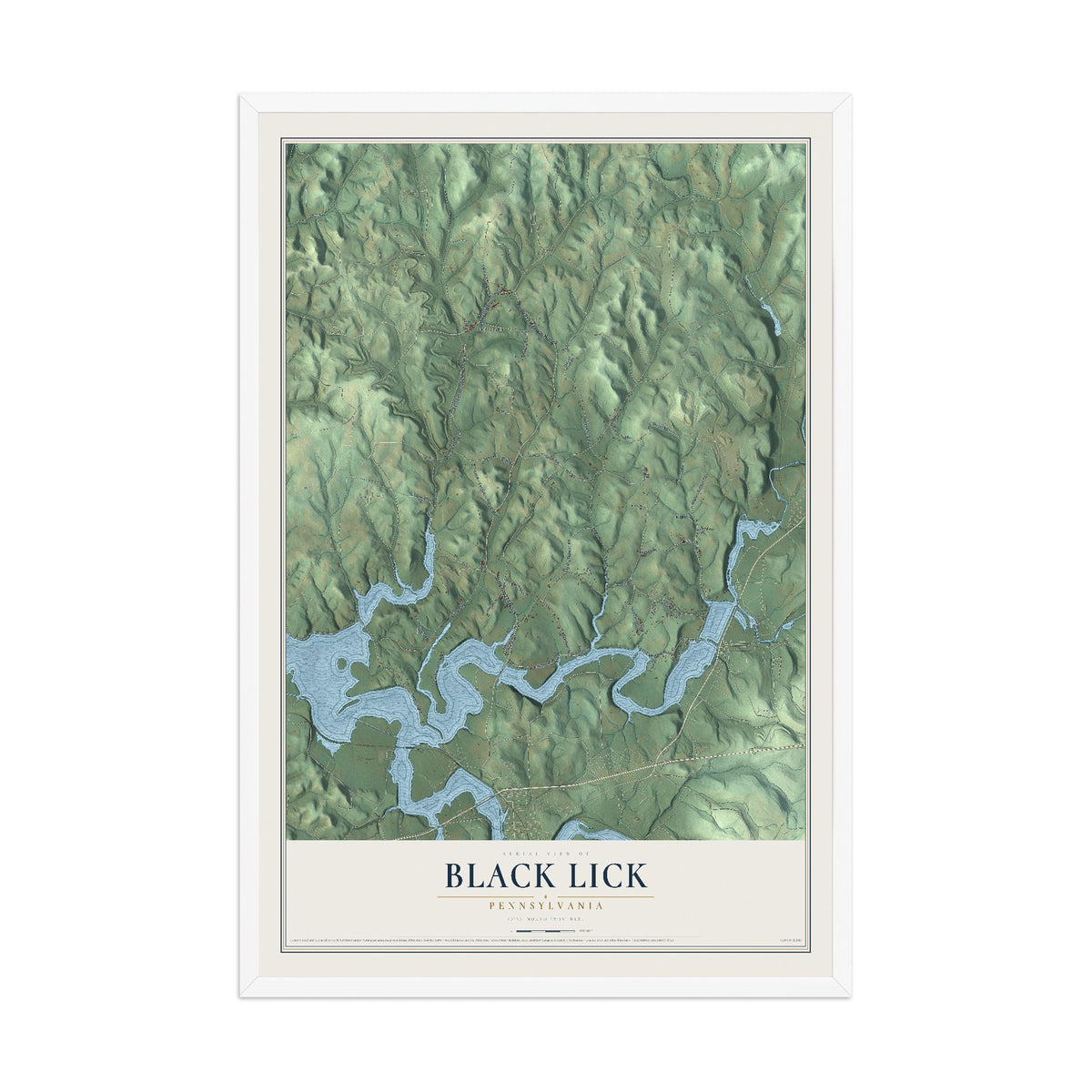Map of Black Lick, Pennsylvania, 12 x 18 inch print in a white wood frame