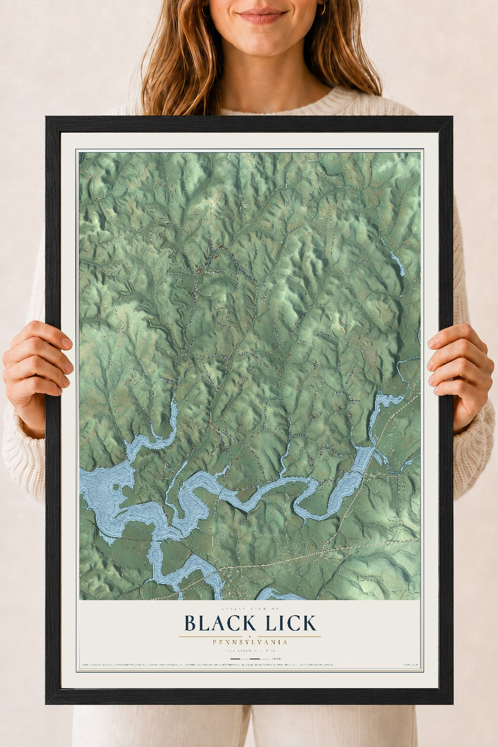 Map of Black Lick, Pennsylvania, 18 x 24 inch print in a black wood frame