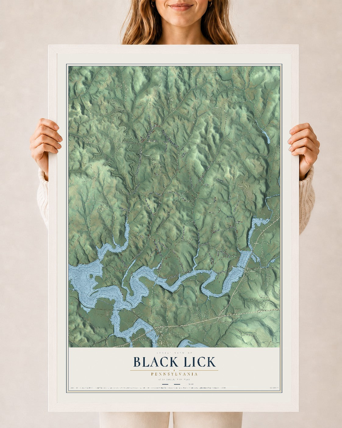 Map of Black Lick, Pennsylvania, 24 x 36 inch print in a white wood frame