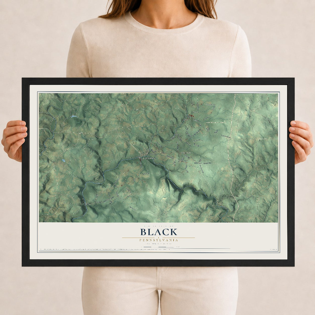 Map of Black, Pennsylvania, 12 x 18 inch print in a black wood frame