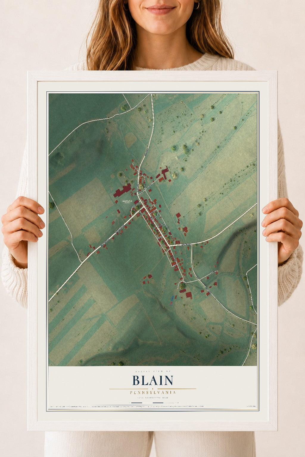 Map of Blain, Pennsylvania, 18 x 24 inch print in a white wood frame