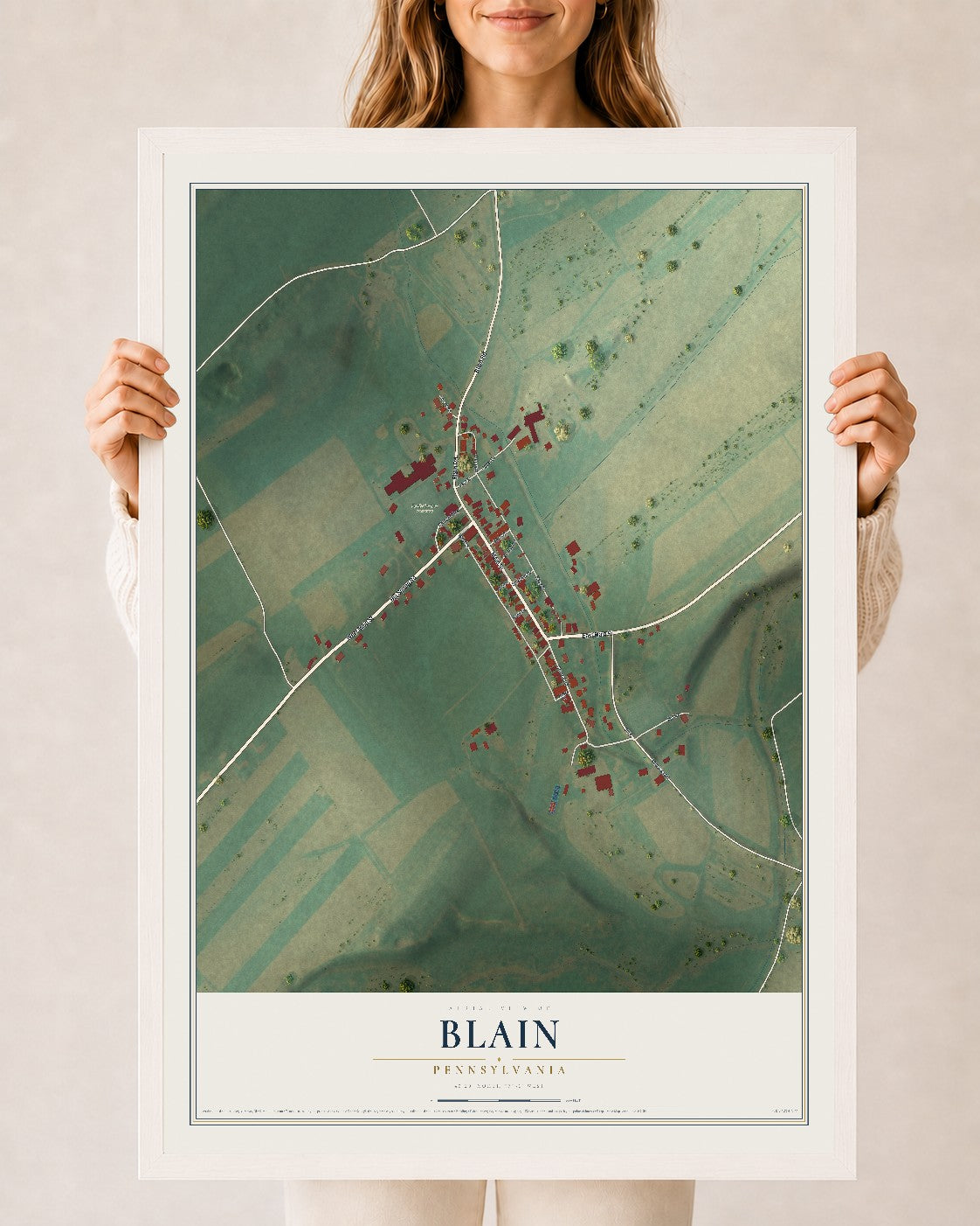 Map of Blain, Pennsylvania, 24 x 36 inch print in a white wood frame