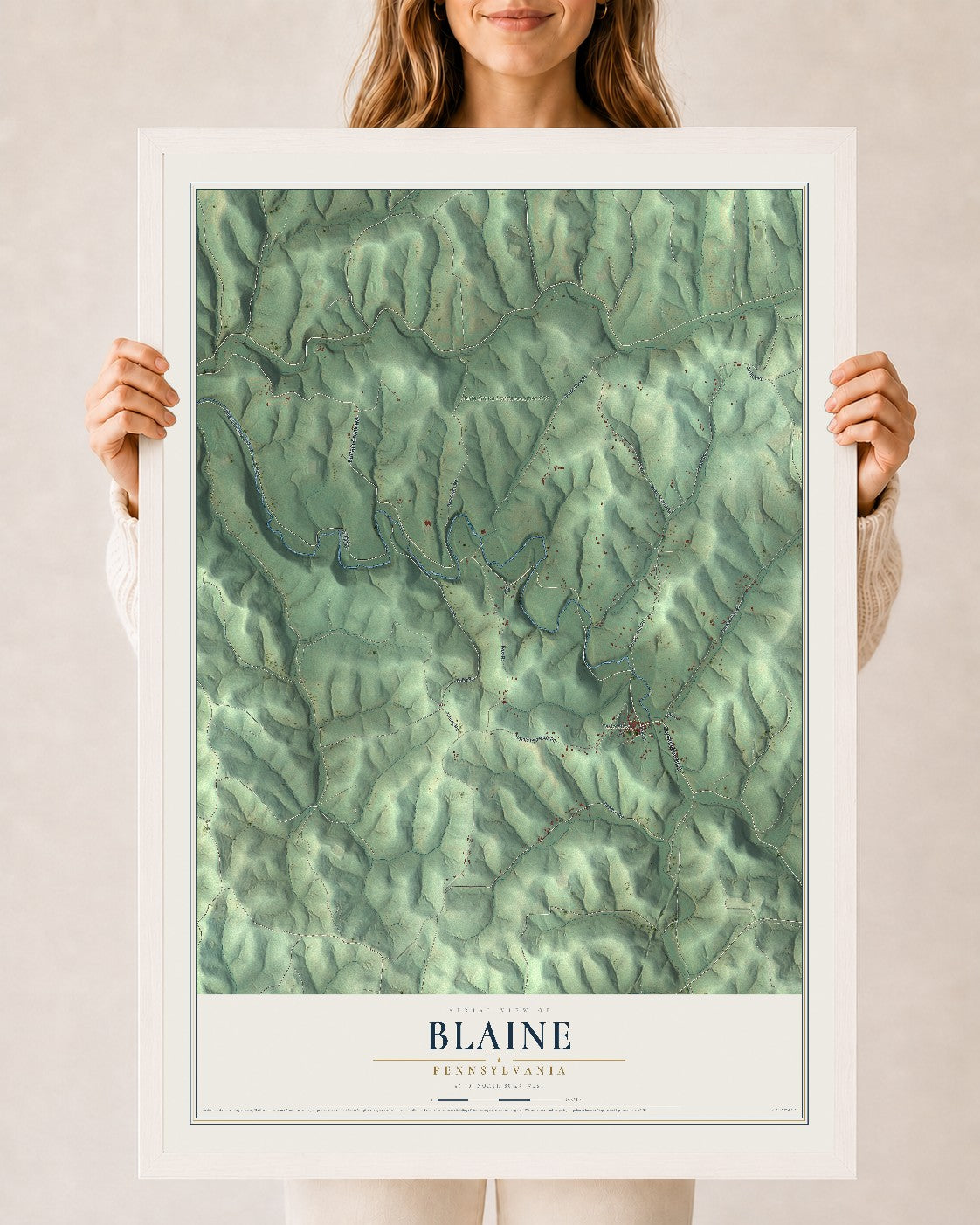 Map of Blaine, Pennsylvania, 24 x 36 inch print in a white wood frame