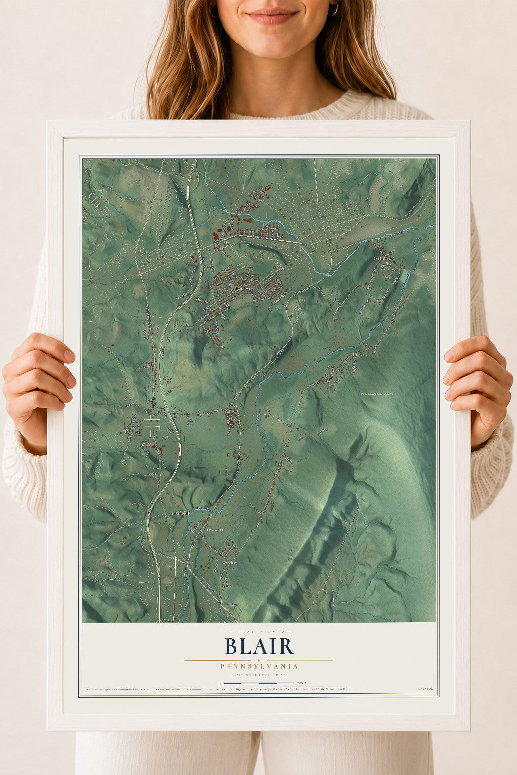 Map of Blair, Pennsylvania, 18 x 24 inch print in a white wood frame