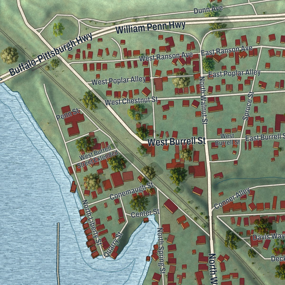 Close-up of the map of Blairsville, Pennsylvania print showing street and building detail