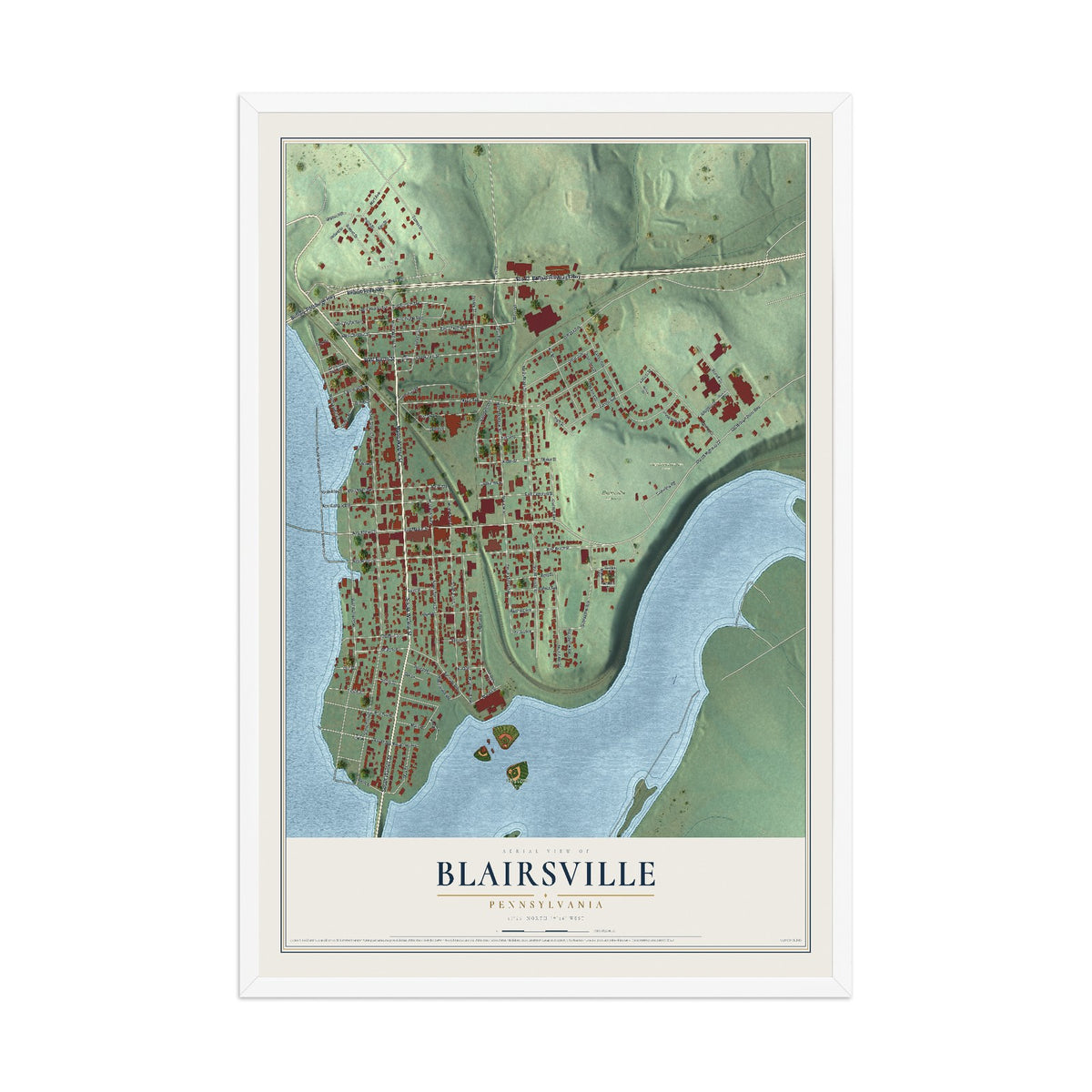 Map of Blairsville, Pennsylvania, 12 x 18 inch print in a white wood frame