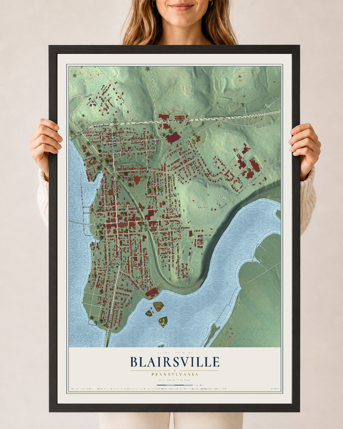 Map of Blairsville, Pennsylvania, 24 x 36 inch print in a black wood frame