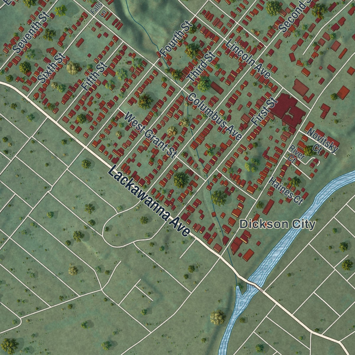 Close-up of the map of Blakely, Pennsylvania print showing street and building detail