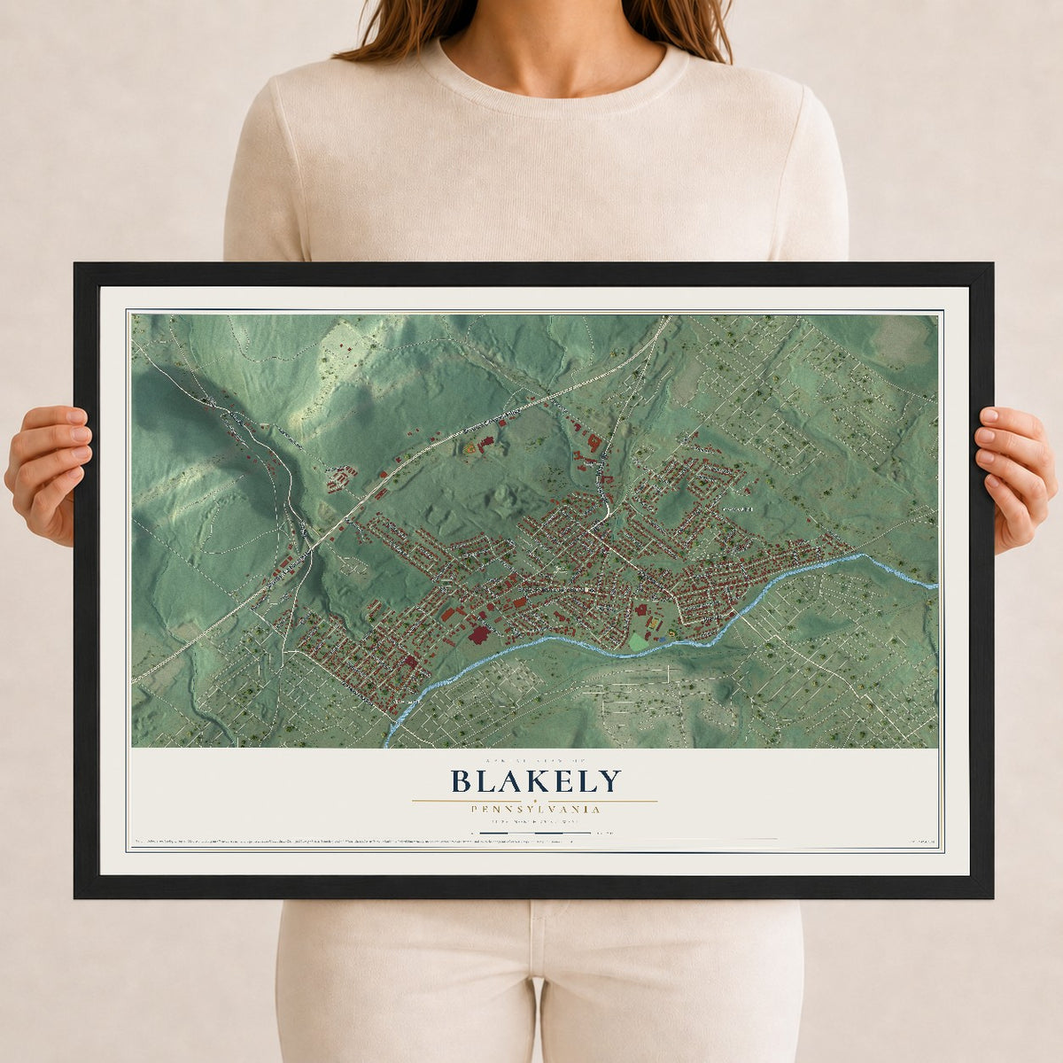 Map of Blakely, Pennsylvania, 12 x 18 inch print in a black wood frame