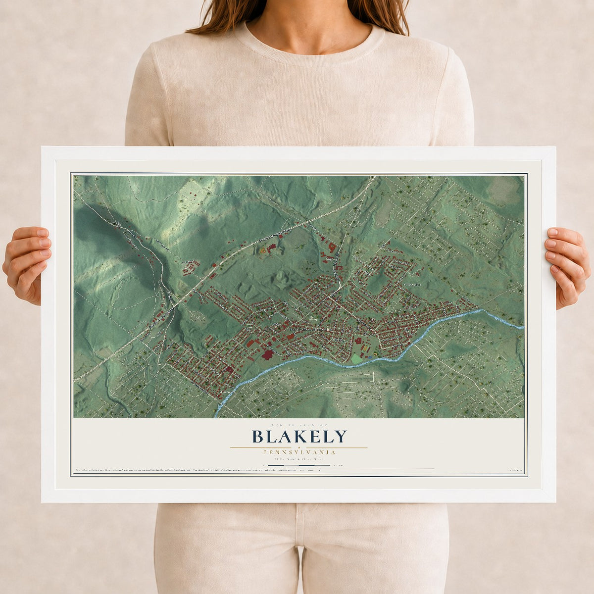 Map of Blakely, Pennsylvania, 12 x 18 inch print in a white wood frame