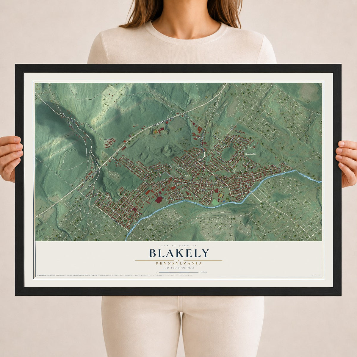 Map of Blakely, Pennsylvania, 18 x 24 inch print in a black wood frame