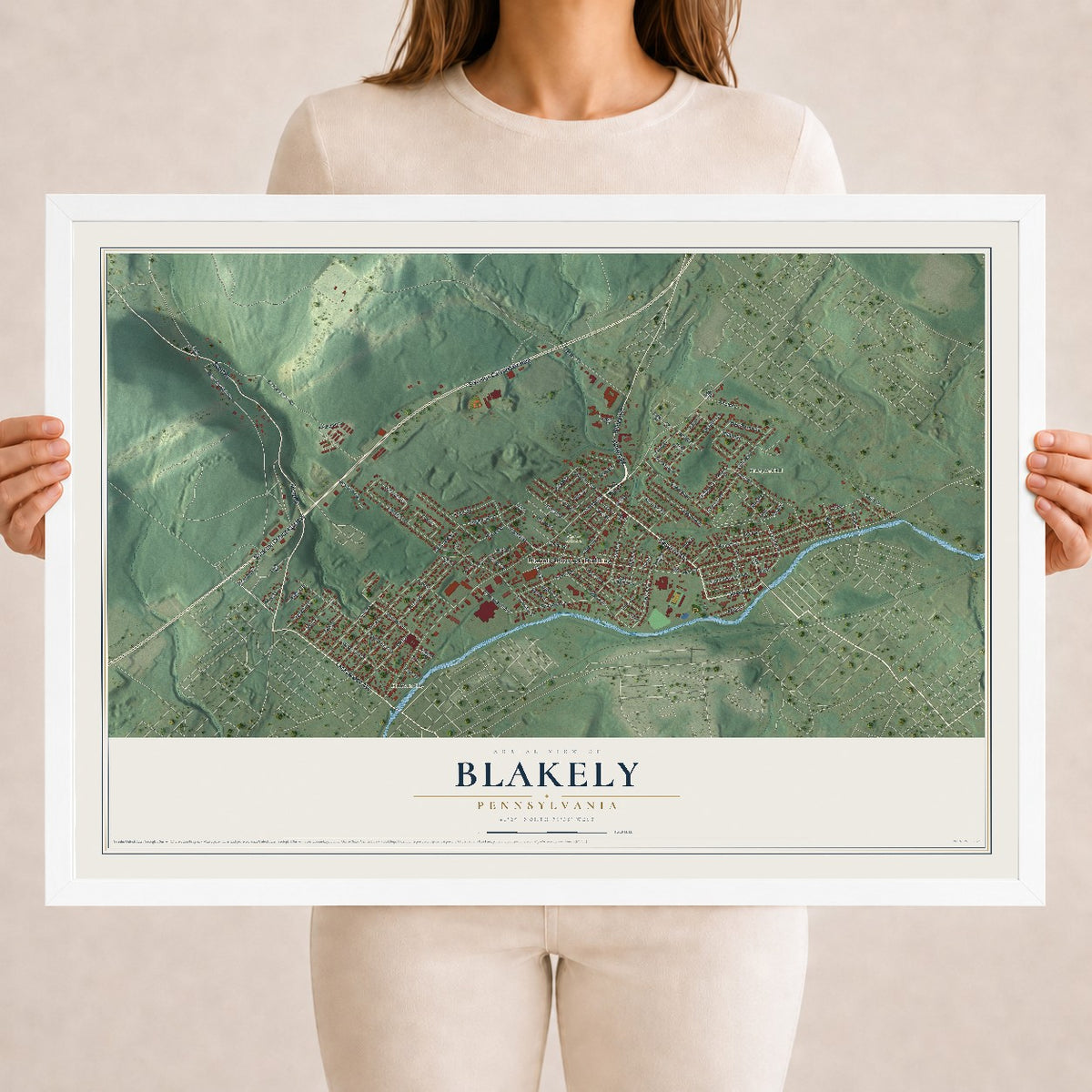 Map of Blakely, Pennsylvania, 18 x 24 inch print in a white wood frame