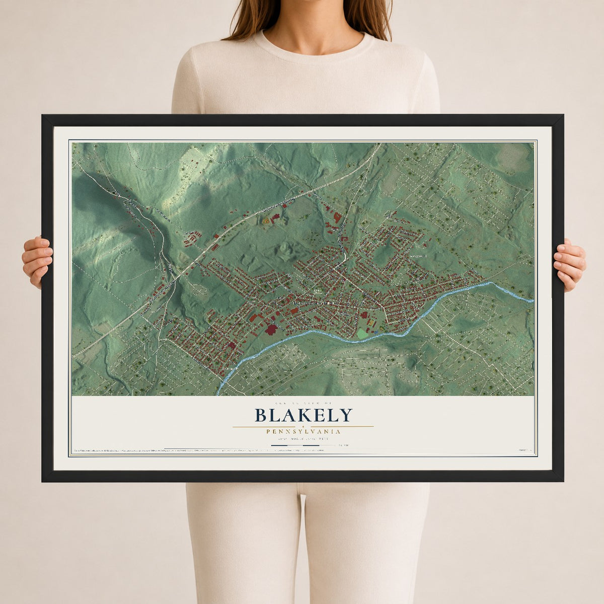 Map of Blakely, Pennsylvania, 24 x 36 inch print in a black wood frame