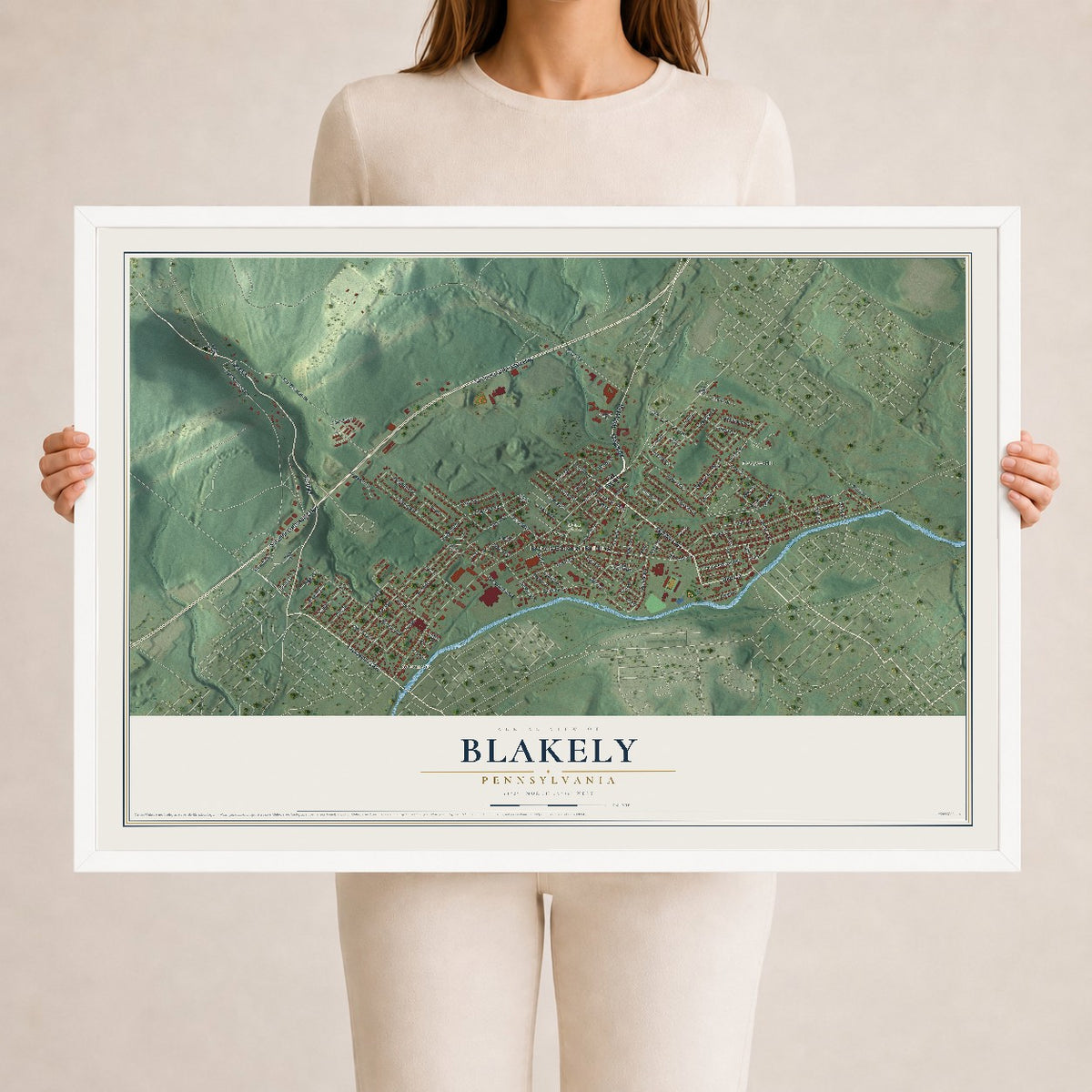 Map of Blakely, Pennsylvania, 24 x 36 inch print in a white wood frame
