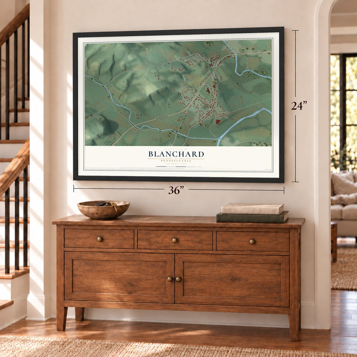 Blanchard, Pennsylvania map, 24 x 36 inch print in a black frame above a dresser by a staircase