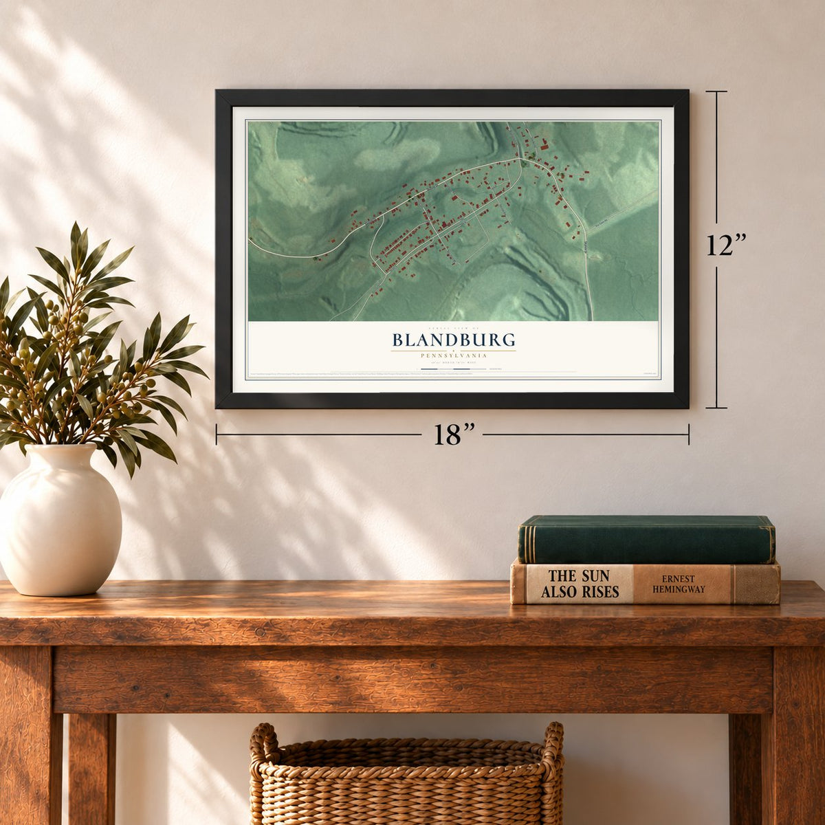Blandburg, Pennsylvania map, 12 x 18 inch print in a black frame in an entryway