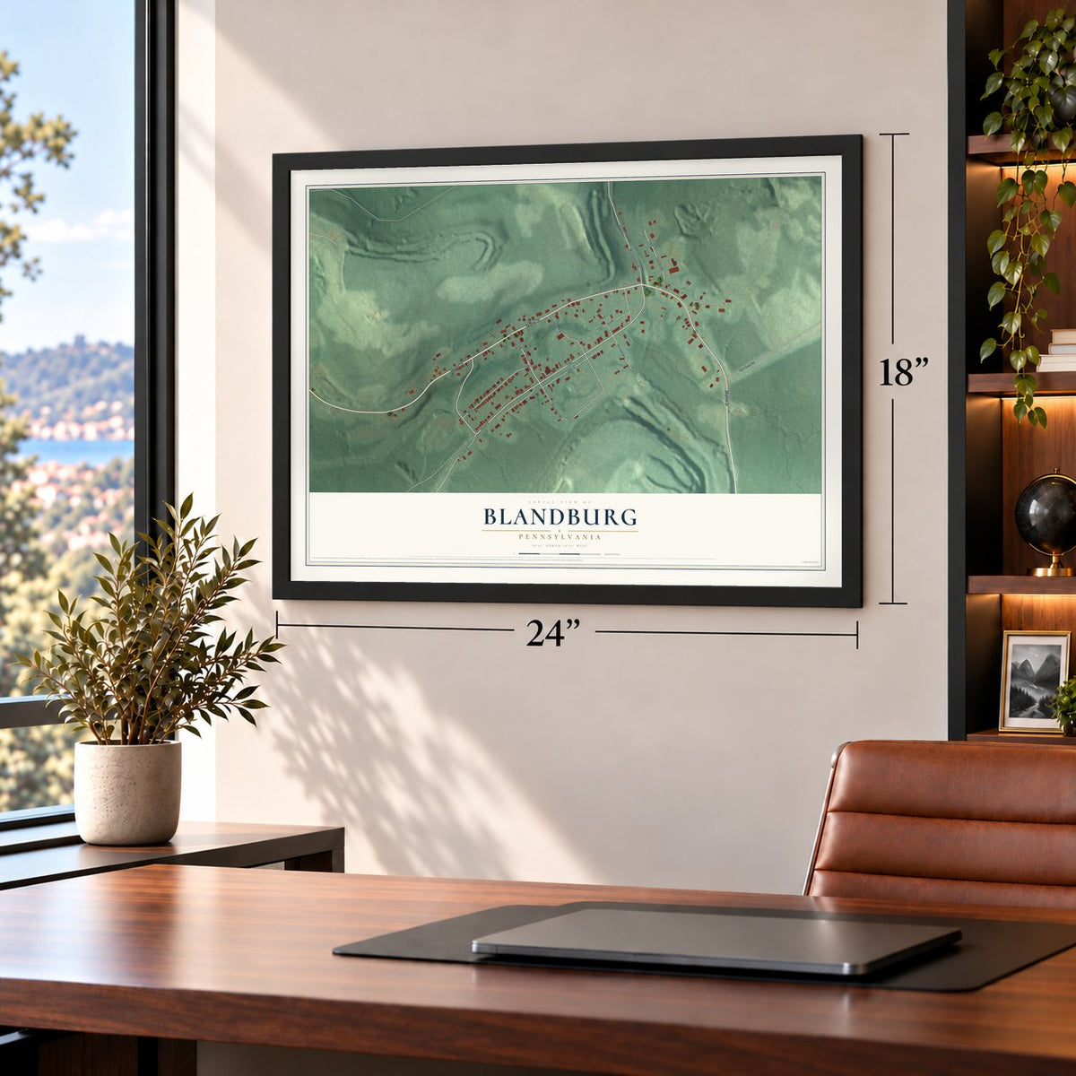 Blandburg, Pennsylvania map, 18 x 24 inch print in a black frame in a home office