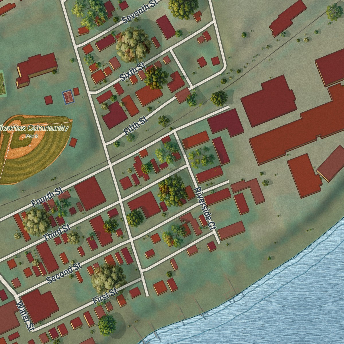 Second close-up of the map of Blawnox, Pennsylvania print showing more streets and buildings